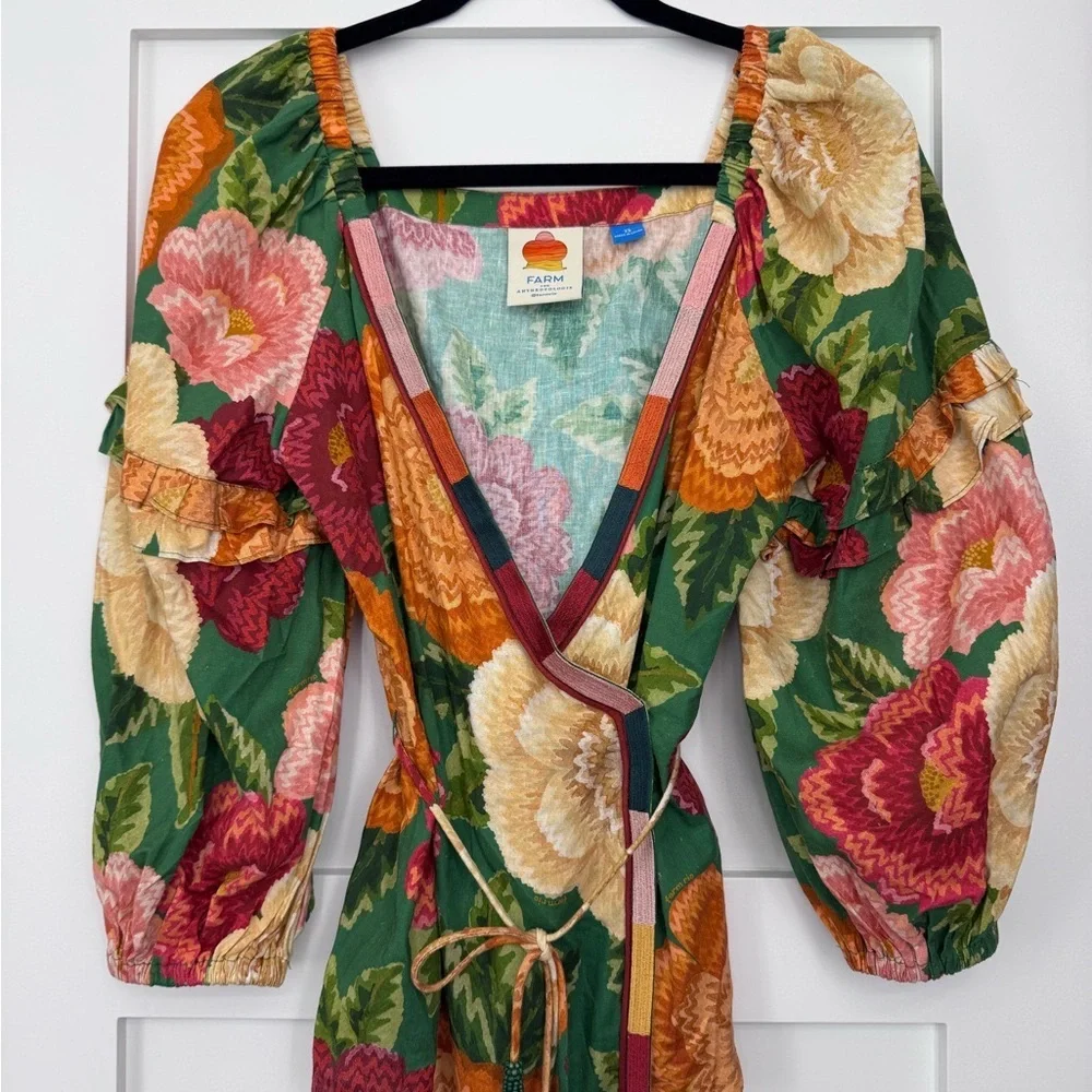 FARM Rio Green Floral Wrap Top with Pink, Yellow & Orange Blooms